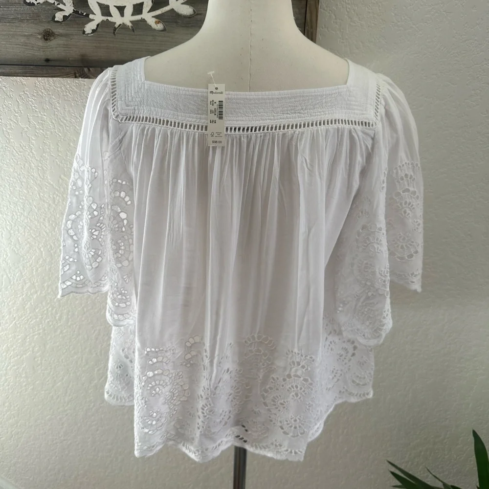 Madewell White Flutter Sleeve Blouse with Eyelet embroidered‎ Details Size M NWT